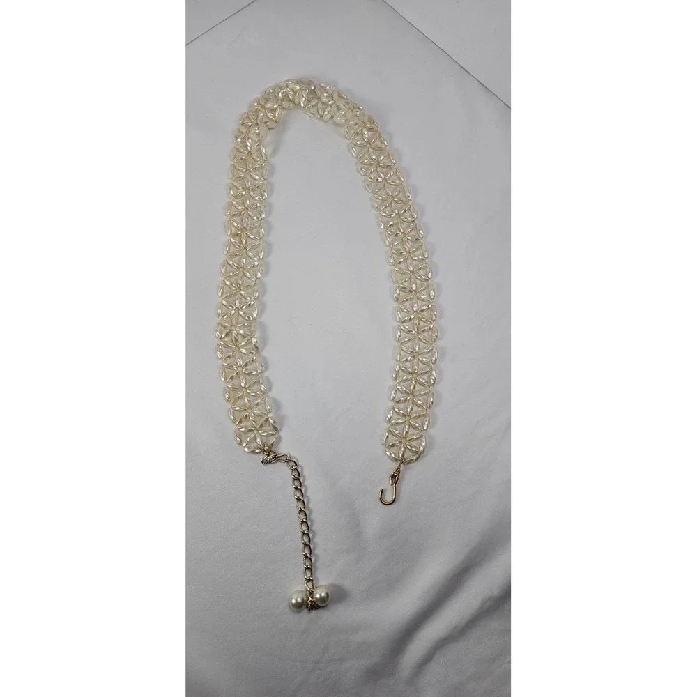 Vintage Faux Pearl Floral‎ Link Belt Gold Chain Adjustable Retro Glam Chic 26
